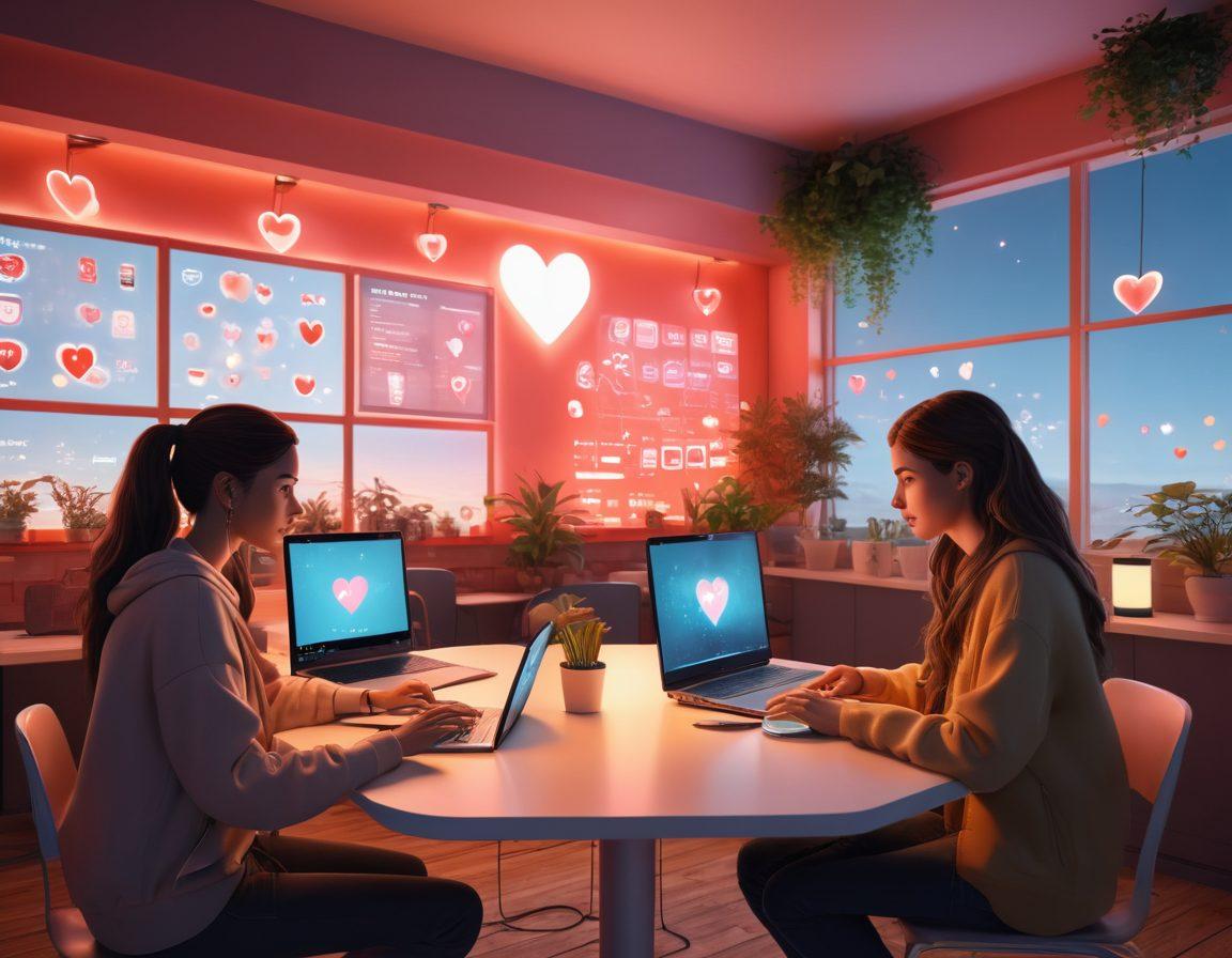 A warm, inviting digital cafe scene where two people are connecting over laptops, surrounded by floating heart icons and glowing screens. Show diversity in the characters to represent different backgrounds, with soft, ambient lighting and a cozy atmosphere. Include coffee cups and personal touches like notebooks and plants. super-realistic. vibrant colors. soft focus.