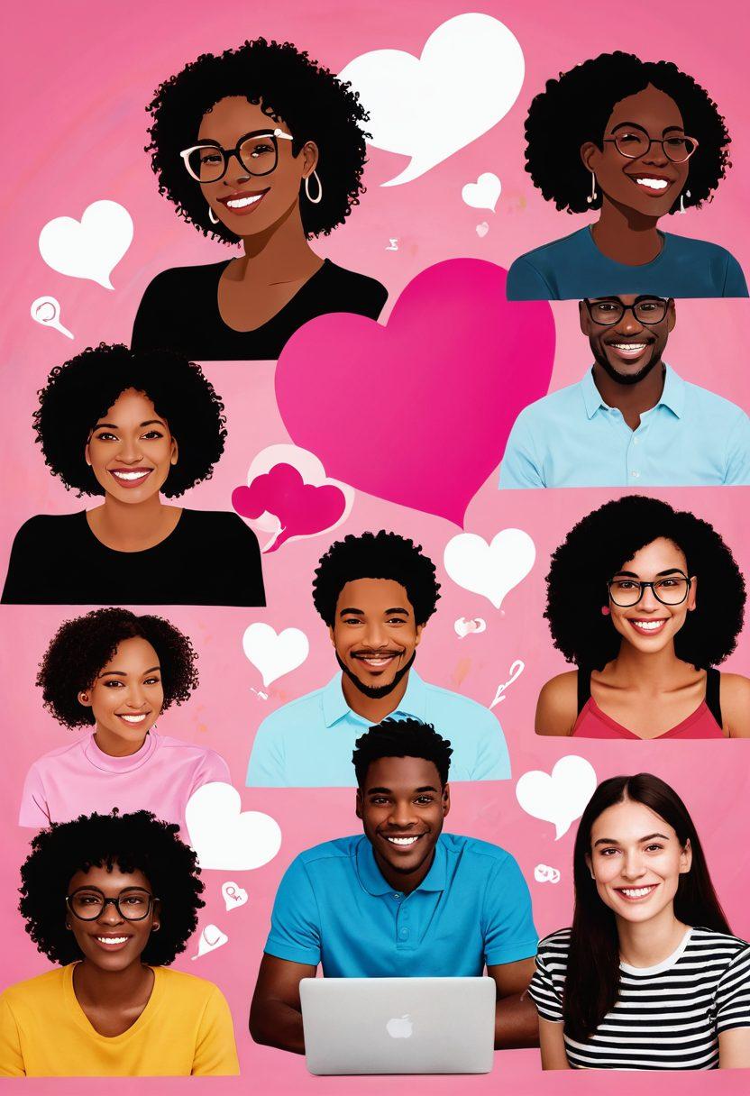 An imaginative collage featuring diverse couples engaging in virtual dates through various online dating platforms, surrounded by glowing heart symbols and chat bubbles. The background should represent a digital landscape with computer screens and mobile devices displaying profiles. The color scheme should evoke warmth and connection, using vibrant pinks and reds to symbolize love. Include elements like a laptop with a heart-shaped icon, and people smiling on video calls. digital illustration. vibrant colors. white background.