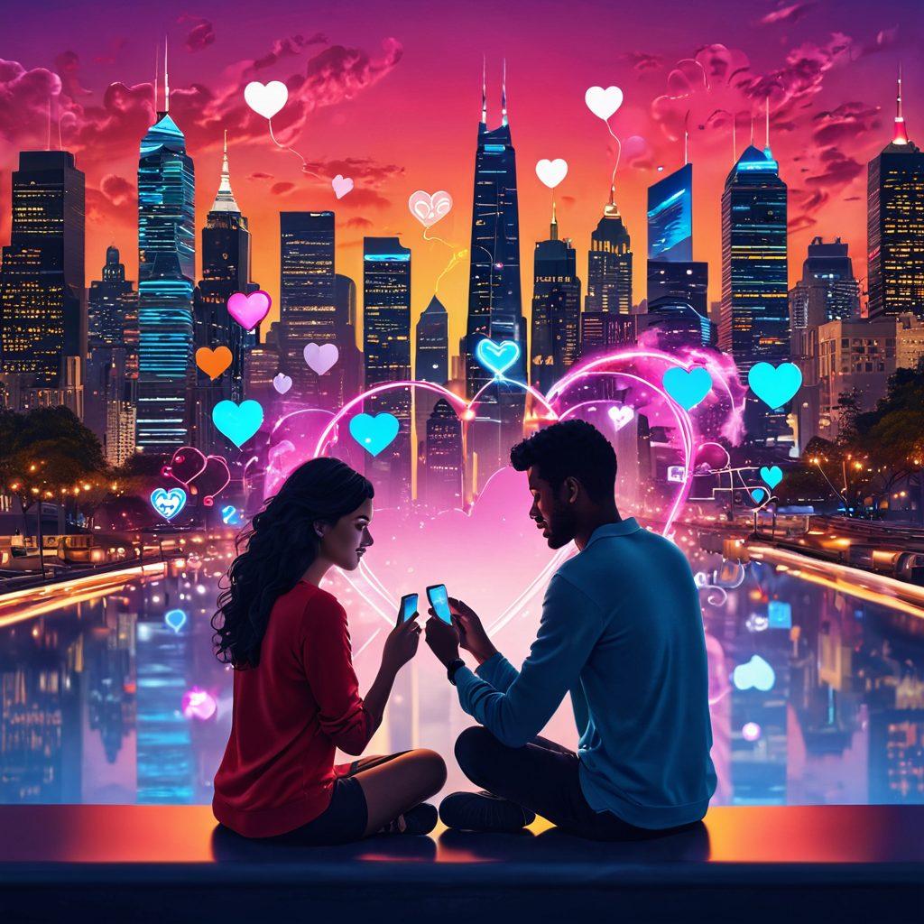 A vibrant visual of a couple connected through their devices, surrounded by glowing heart-shaped notifications and digital symbols. The background features a city skyline at dusk, symbolizing the blend of technology and romance. Include elements like chat bubbles and emojis floating around them to represent online interactions. The colors should be warm and inviting, capturing the essence of love in a digital world. super-realistic. vibrant colors. 3D.
